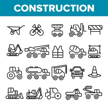 Construction Work Elements Linear Icons Set 스톡 일러스트