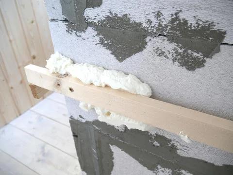 Construction work. On the foam blocks fastened with cement Stock Photos