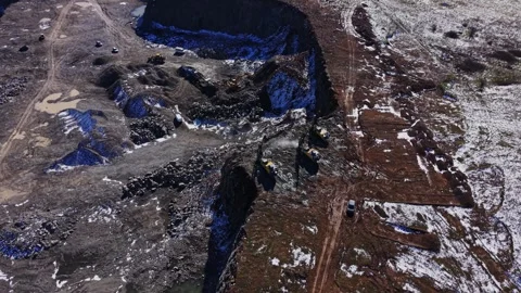 Construction work at a gravel site in winter near a snowy landscape Stockbeeldmateriaal 337940282