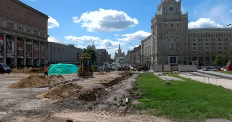 Construction work on the improvement of the city, Triumph Square, Moscow Stock Footage 66205573