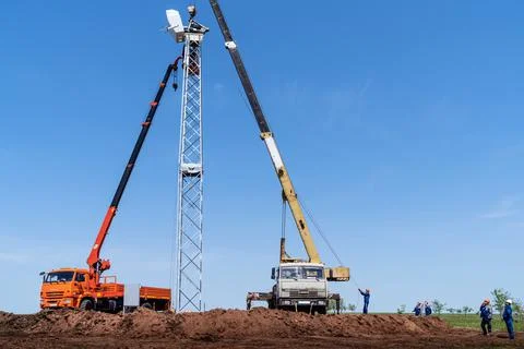 Construction work on the installation of a wind turbine Stock Photos