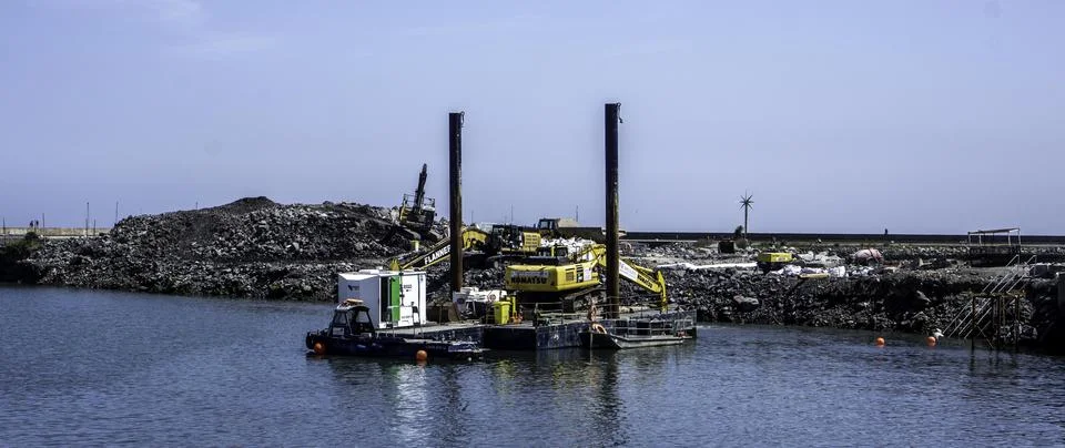 Construction work on a pier extension in Howth Harbour, Dublin, Ireland. Stock Photos