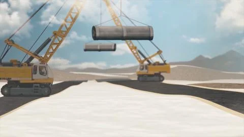 Construction work on the pipe laying of the pipeline into the trench using a Stock Illustration