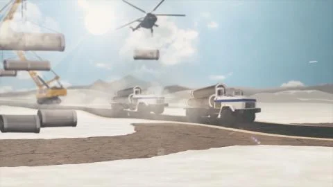 Construction work on the pipe laying of the pipeline into the trench using a Stock Illustration