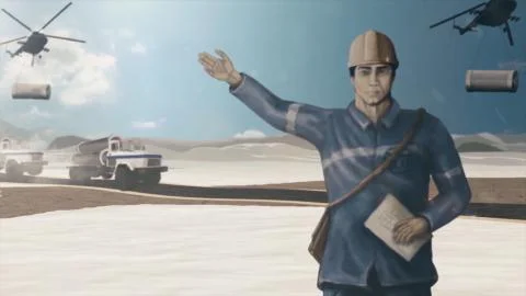 Construction work on the pipe laying of the pipeline into the trench using a Stock Illustration