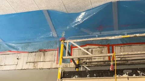 Construction work in progress on building site involving concrete modificatio Stockfoto's