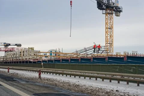 Construction work at Rader High Bridge on A7 during winter storm Elli Goret.. Stock Photos