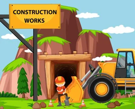 Construction work scene with man and bulldozer Stock Illustration