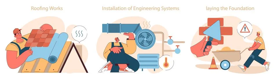 Construction work set. Artisans laying roofing, installing engineering systems Stock-Illustration