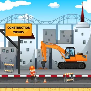 Construction work site with worker and drill truck Stock Illustration