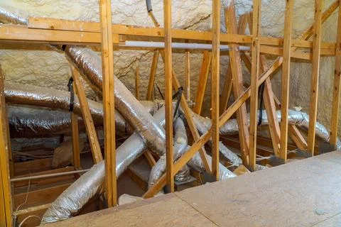 Construction work takes place in an attic where ducts beams are visible und.. Stock Photos