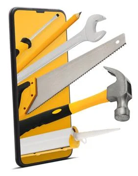 Construction work tools from the smart phone isolated on white background, .. Stock Photos