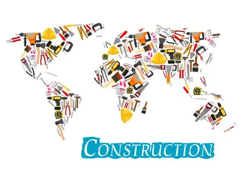 Construction work tools vector world map Stock Illustration