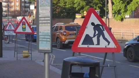 Construction work traffic road signs Stock-Footage 157163425