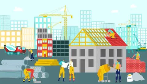 Construction work, vector illustration. Worker people character at site concept Stock Illustration