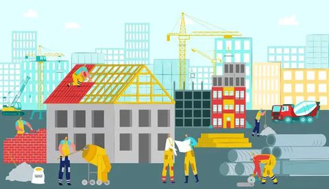 Construction work, vector illustration. Worker people character at site concept 스톡 일러스트