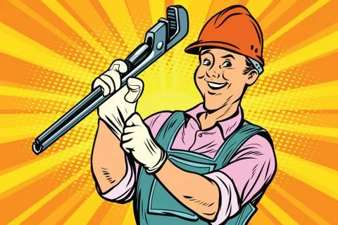 Construction worker with adjustable wrench Illustrazione stock