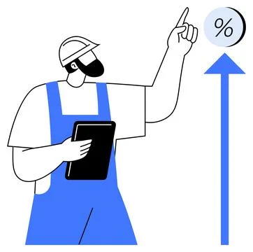 Construction Worker Analyzing Data on Clipboard and Pointing at Growth Perc.. Stock Illustration