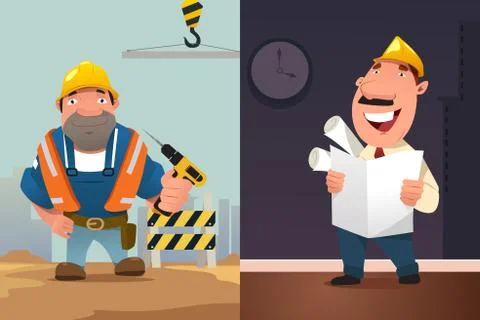 Construction Worker and Architect Cartoon Stock Illustration