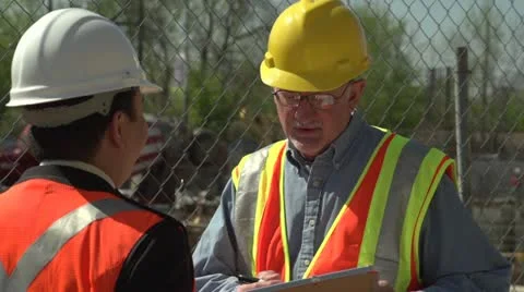 Construction worker and business man talking on site Stock Footage