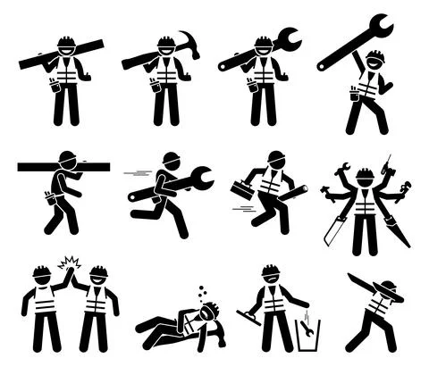 Construction worker and handyman stick figures icons set. Vector illustration Stock Illustration