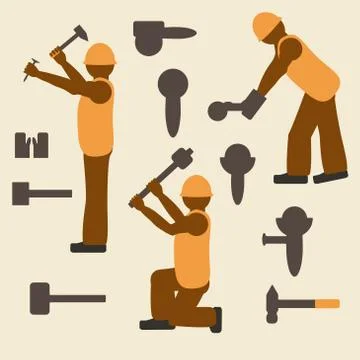 Construction worker and tools silhouette icons set.  Design suitable and Stock Illustration