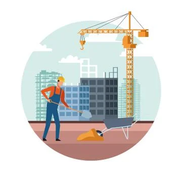Construction worker and wheel barrow over under construction and white Stock Illustration