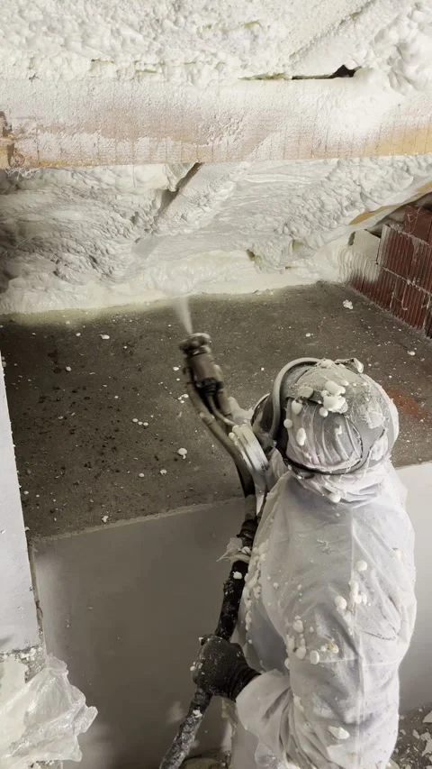 Construction worker applying polyurethane foam insulation Stock Footage 323409901