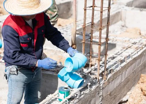 Construction worker applying PVC cement to plumbing pipe fittings at a buil.. Stock Photos