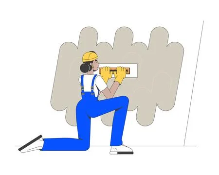Construction worker applying wall putty 2D vector illustration Stock Illustration