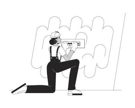 Construction worker applying wall putty outline illustration Stock Illustration