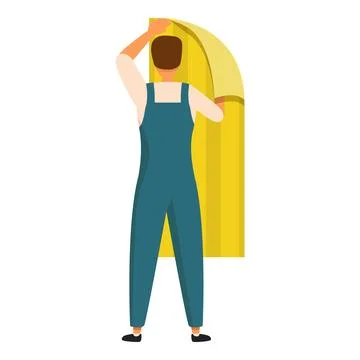 Construction worker applying yellow wallpaper on wall Stock Illustration