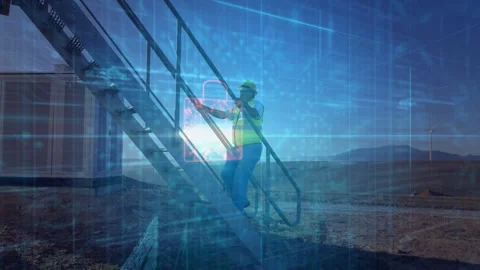 Construction worker ascending stairs triggers tech overlay and padlock icons Stockbeeldmateriaal 312082500