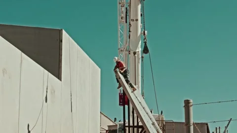 Construction Worker Attaching Chains to Concrete Panel for Crane Lift Stock Footage 305107762