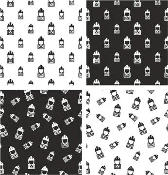 Construction Worker Avatar Big &amp; Small Aligned &amp; Random Seamless Pattern Set Stock Illustration