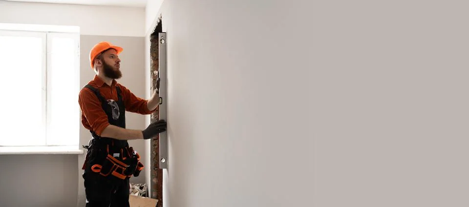 Construction worker bearded man in hardhat measuring wall using spirit leve.. Stock Photos