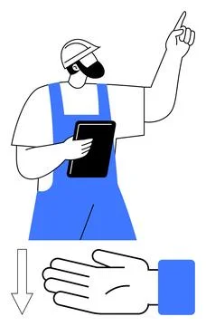 Construction Worker in Blue Overalls Holding Tablet with Pointing Hand Gestur Illustrazione stock