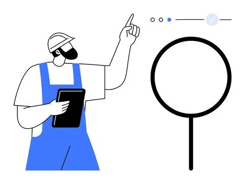 Construction worker in blue overalls holding clipboard, pointing at magnifyin Illustrazione stock