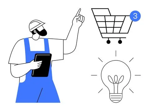 Construction worker in blue overalls holding tablet, pointing at shopping car Illustrazione stock