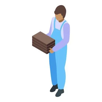 Construction worker in blue uniform holding stack of wood planks Ilustración de archivo