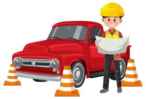 Construction Worker With Blueprint Near Red Pickup Truck Stock Illustration