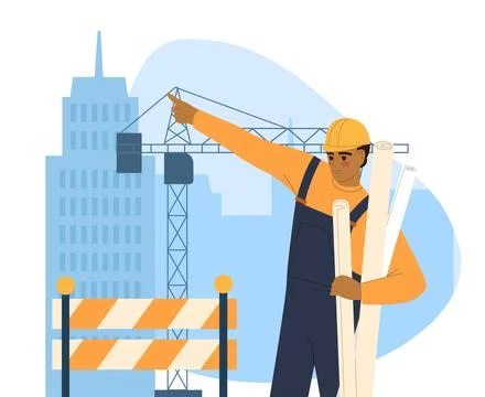 Construction worker with blueprints. Vector illustration Stock Illustration