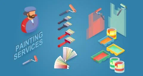Construction worker, brushes, rollers, paint samples, and pallets. Vector. Stock-Illustration