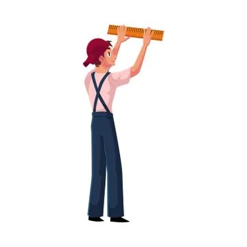 Construction worker, builder in uniform measuring wall with a ruler Stock Illustration