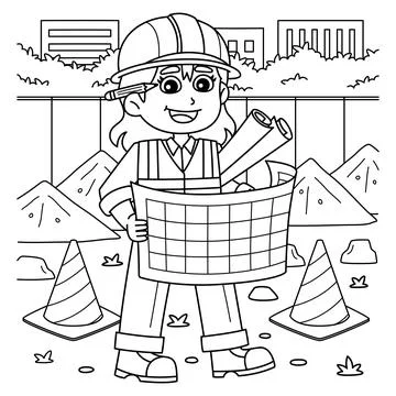 Construction Worker Building Blueprint Coloring Stock Illustration