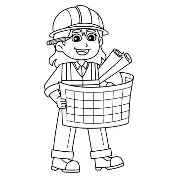 Construction Worker Building Blueprint Isolated Ilustración de archivo