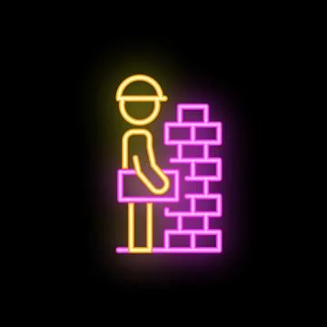 Construction worker building a brick wall in neon light style Ilustración de archivo