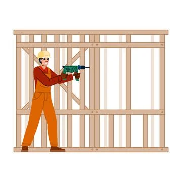 Construction worker building wood frame house using drill Ilustración de archivo