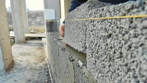 Construction worker builds brick wall, closeup view at construction site Stock Photos