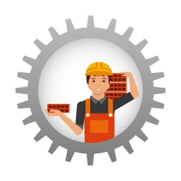 Construction worker carrying bricks inside gear Stock Illustration